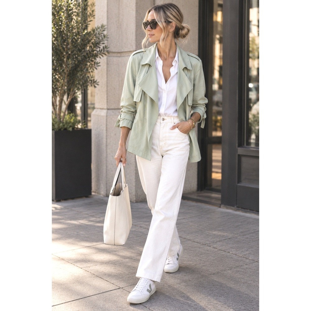 Avec Les Filles drape trench sage green anthropologie midi coat belted pocket lg